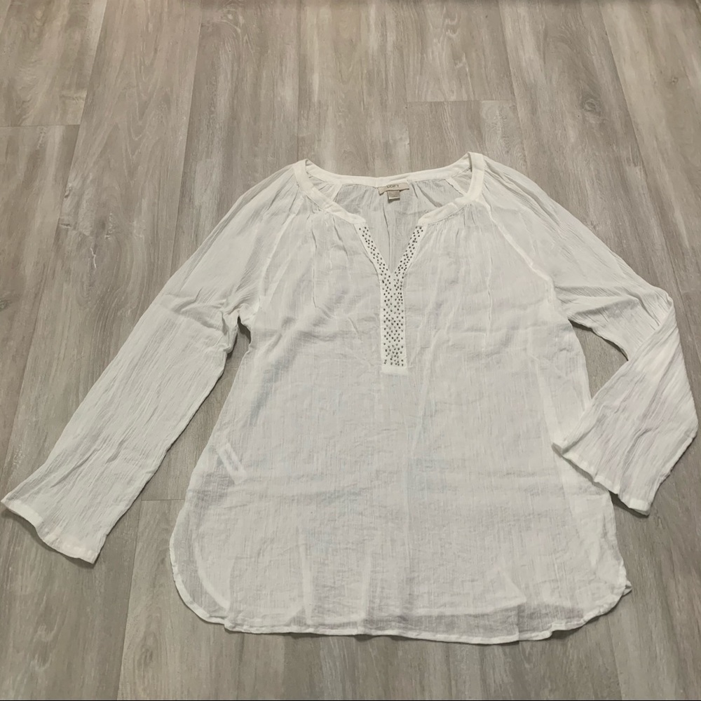Ann Taylor Loft White Split Neck Beaded Sheer Sz L